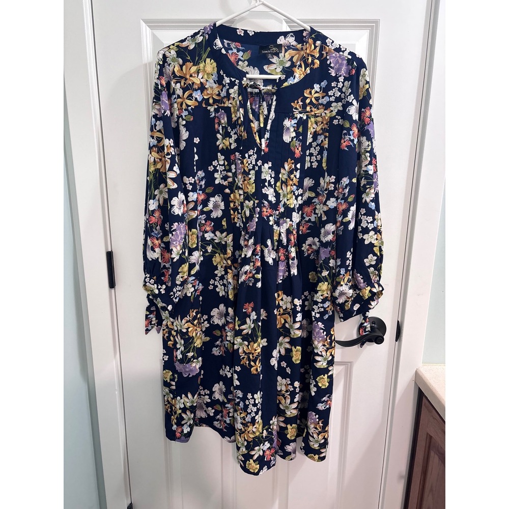 Suzanne Betro Navy Floral Shift Dress Plus Size 1X Long Sleeve Tie Neck Pleated